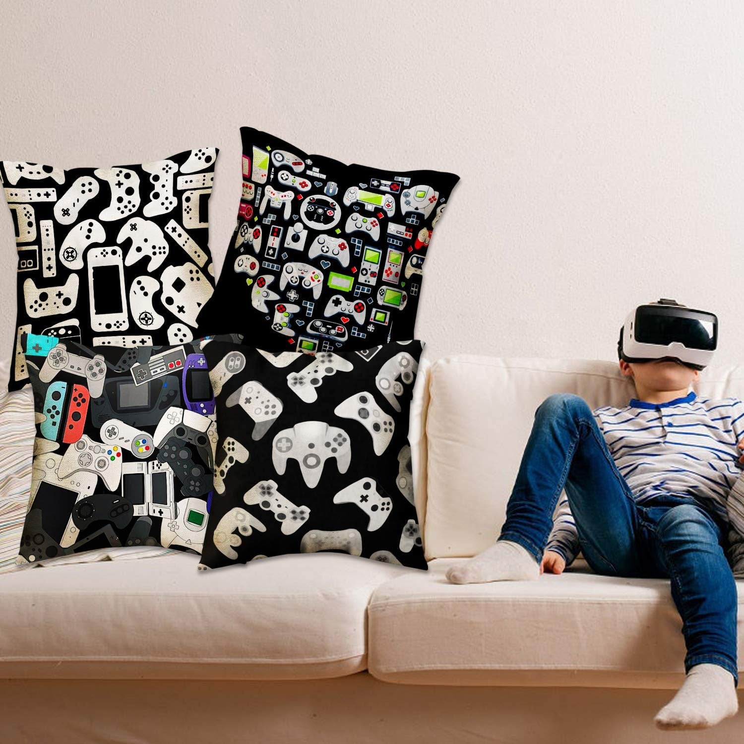Gamer Square Throw Pillow Case Video Game Controller Cushion Cover for Game Boys Bedroom Playroom 18"X 18", 4 Pack