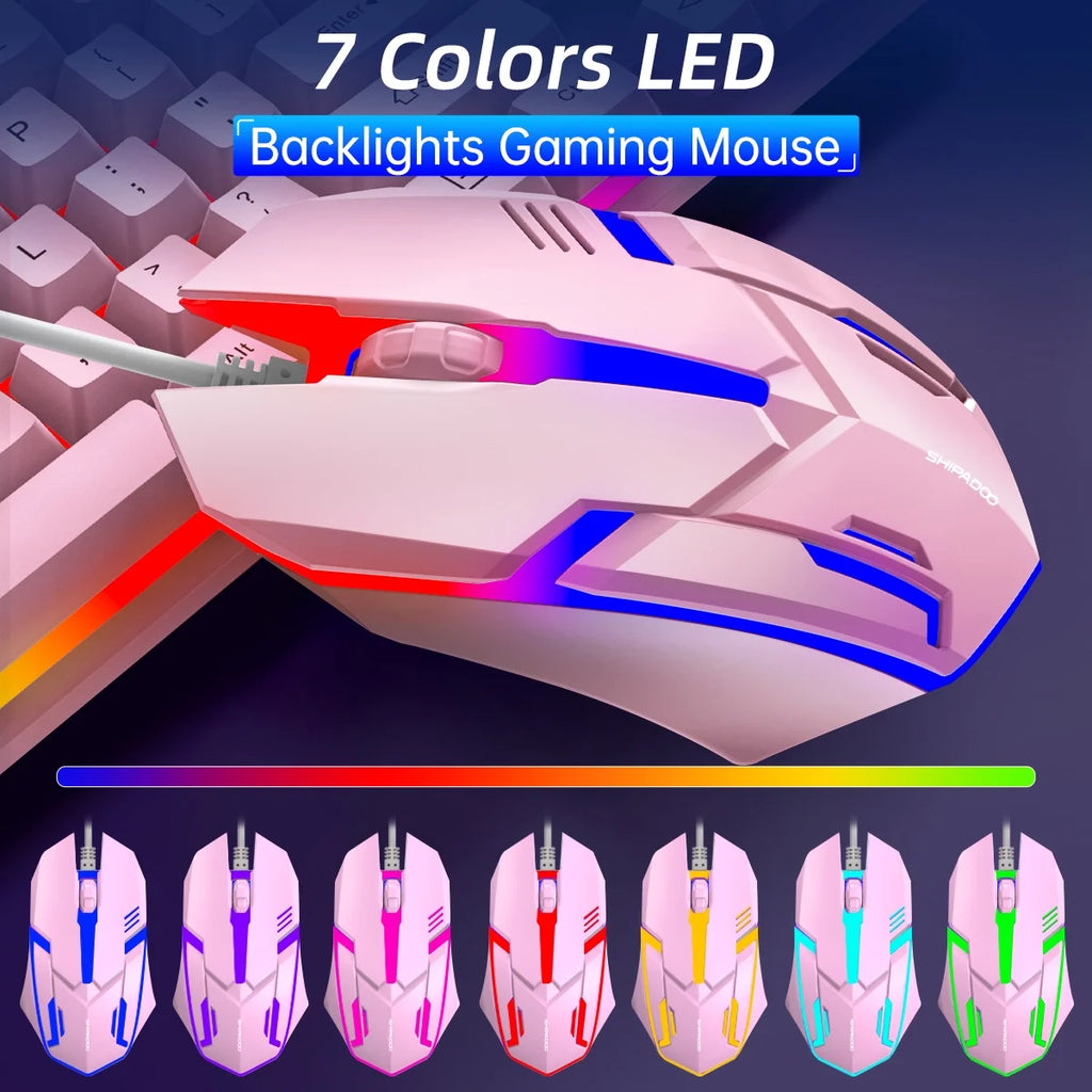 Gaming Keyboard and Mouse Combo, Rainbow LED Backlit Multimedia PC Gaming Keyboard, Office Keyboard Colorful Breathing Backlit Gaming Mouse for Working or Primer Gaming, Office Device,Pink