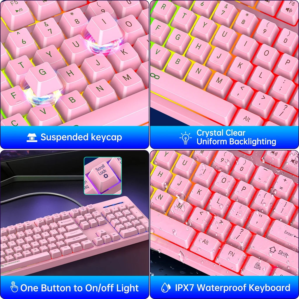 Gaming Keyboard and Mouse Combo, Rainbow LED Backlit Multimedia PC Gaming Keyboard, Office Keyboard Colorful Breathing Backlit Gaming Mouse for Working or Primer Gaming, Office Device,Pink