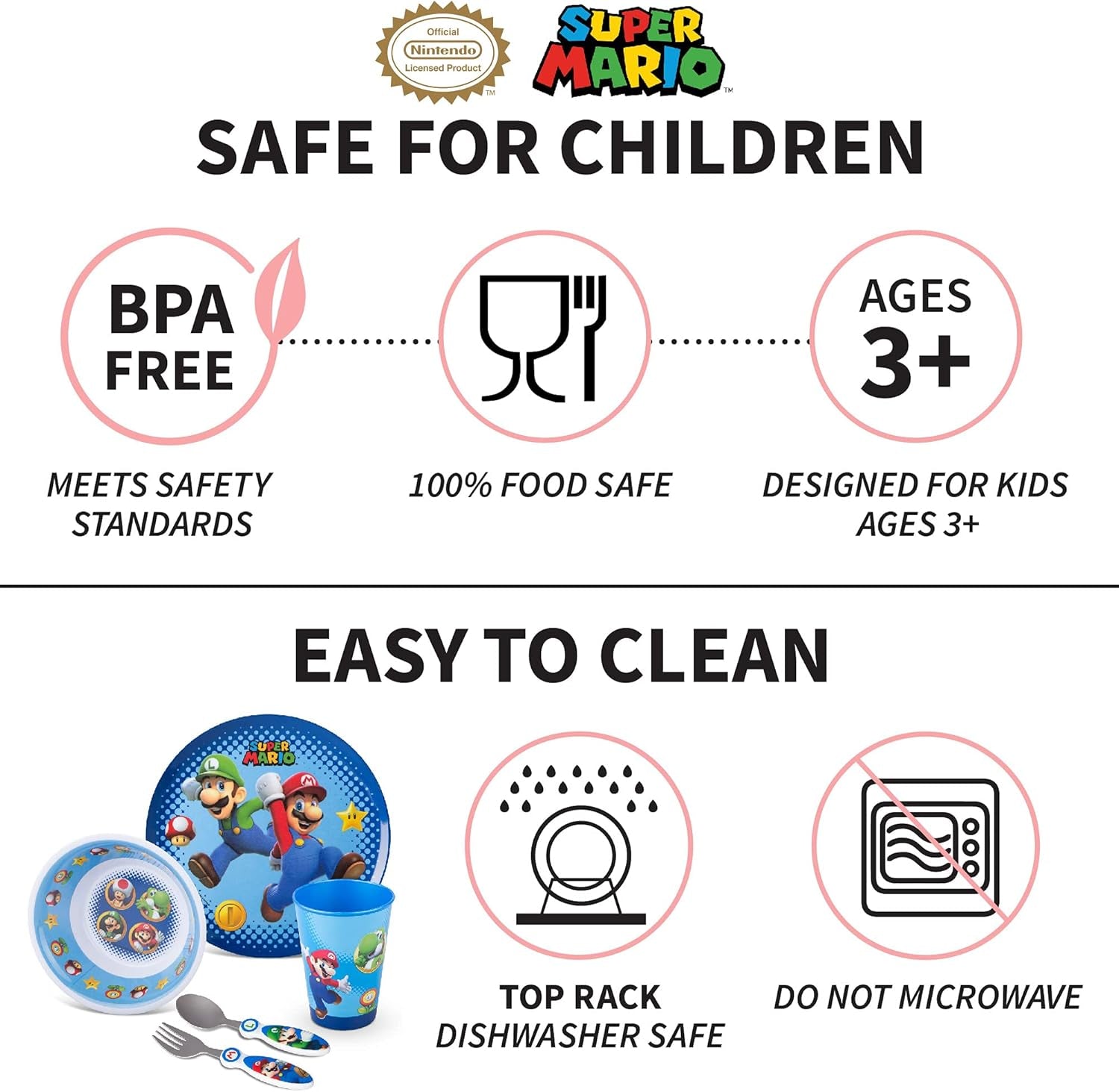 Kids Dinnerware Cartoon Designed Mealtime Kitchen Set, 5 Piece Pack, Super Mario,Kz0068