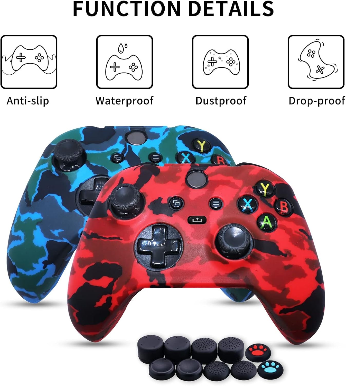 [2 Pack]  Compatible with Xbox Series X/S Controller Soft Silicone Cover Skin, Sweat-Proof Dust-Proof Anti-Slip Case Cover Protective Accessories Set, with 10 Thumb Grips (Red+Blue)