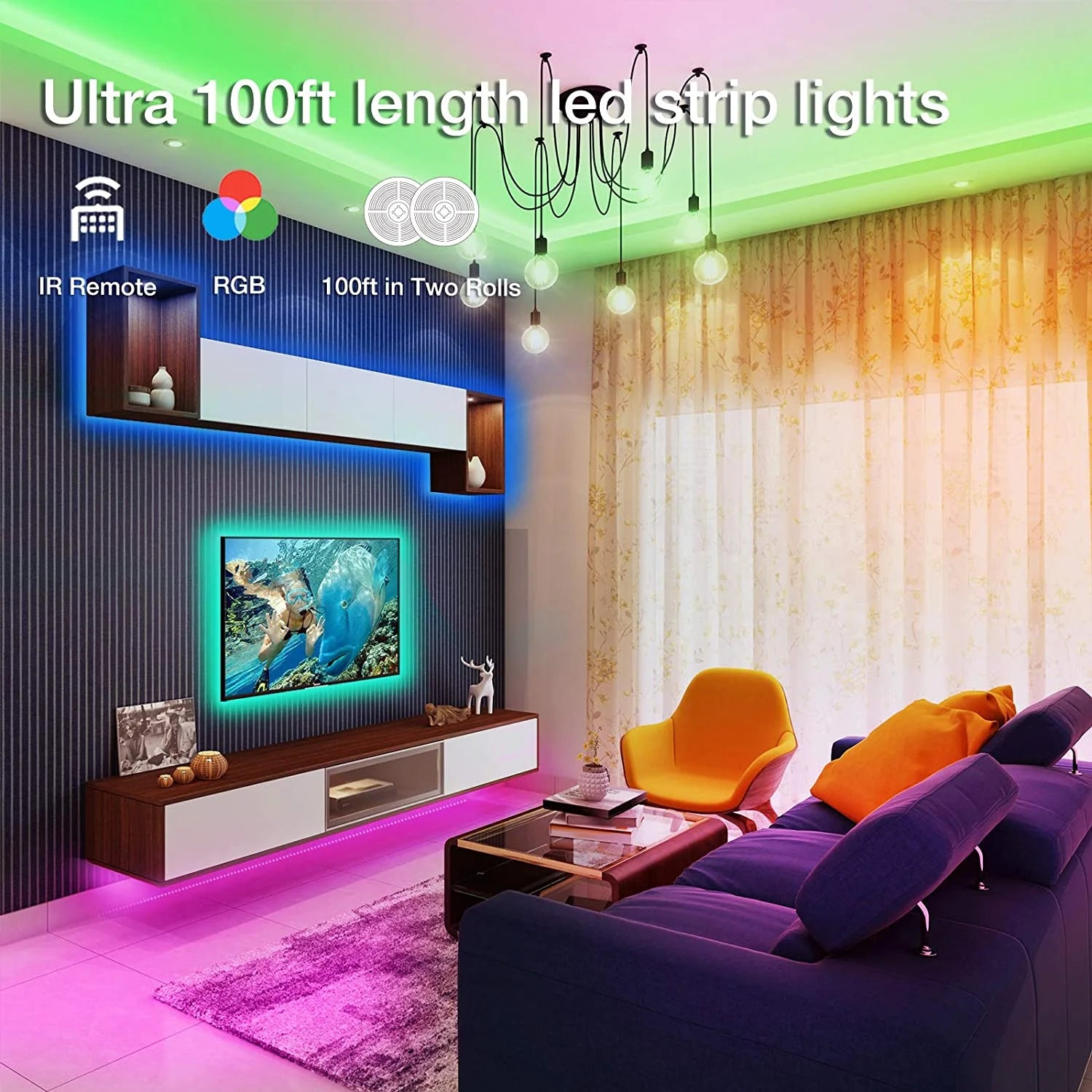 100Ft Led Strip Lights,Remote Controller and 12V Power Supply,Flexible Cuttable Led Lights for Bedroom