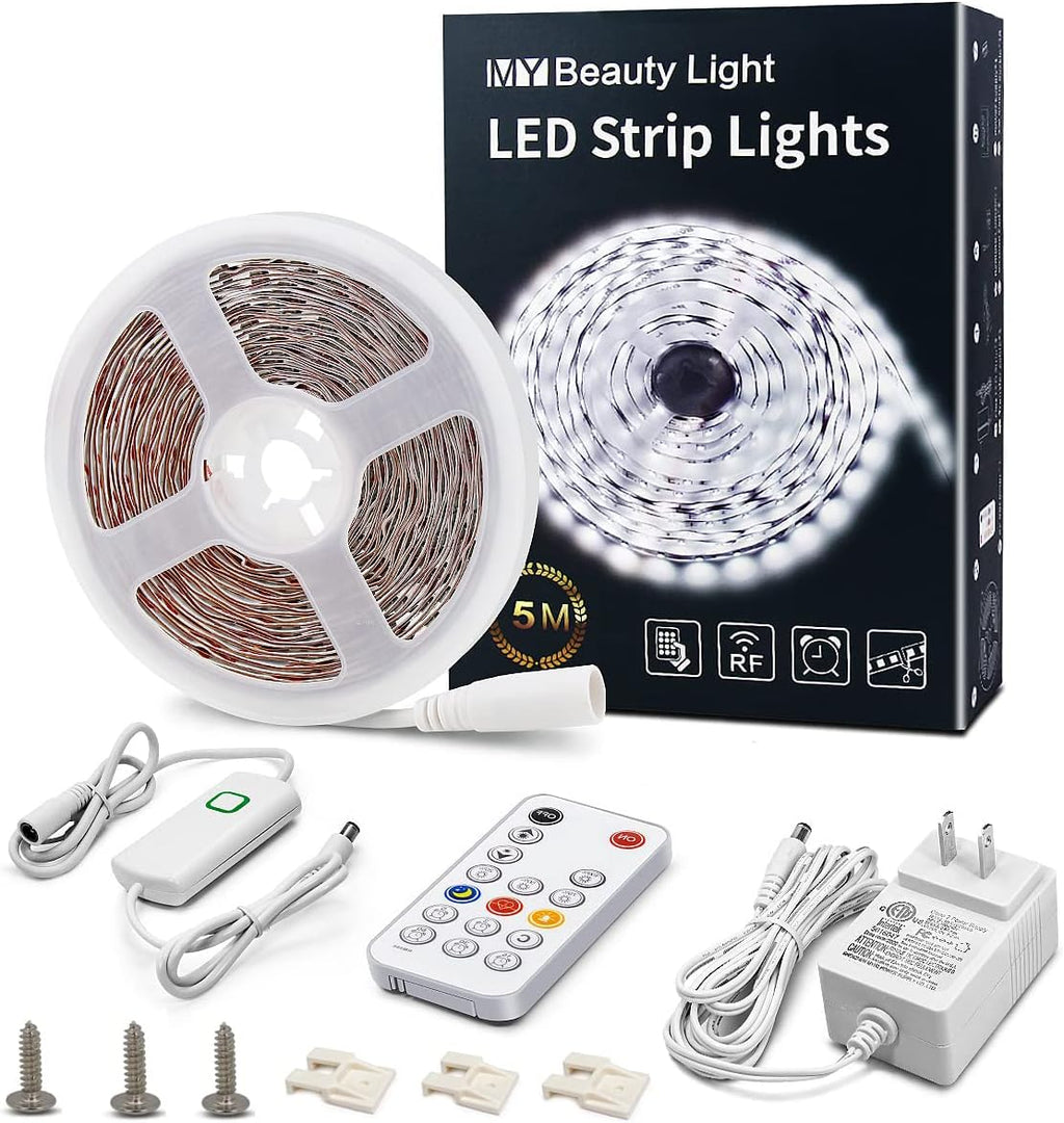 White LED Strip Lights, 16.4Ft Dimmable LED Light Strip with RF Remote, 300 Bright 6500K 2835 Leds, Strong Adhesive LED Tape Light with Timing Mode for Mirror Bedroom Kitchen Cabinet
