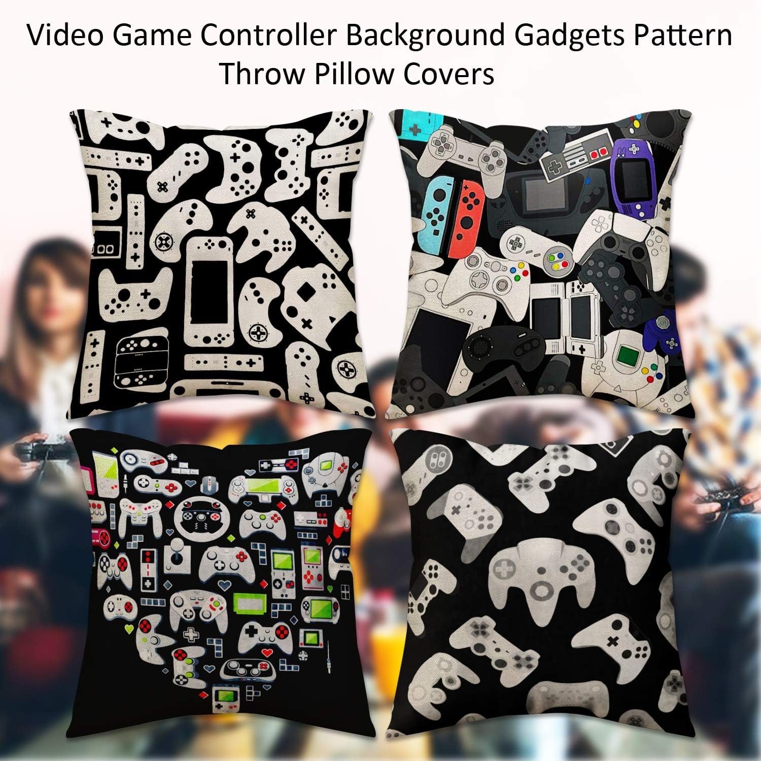 Gamer Square Throw Pillow Case Video Game Controller Cushion Cover for Game Boys Bedroom Playroom 18"X 18", 4 Pack