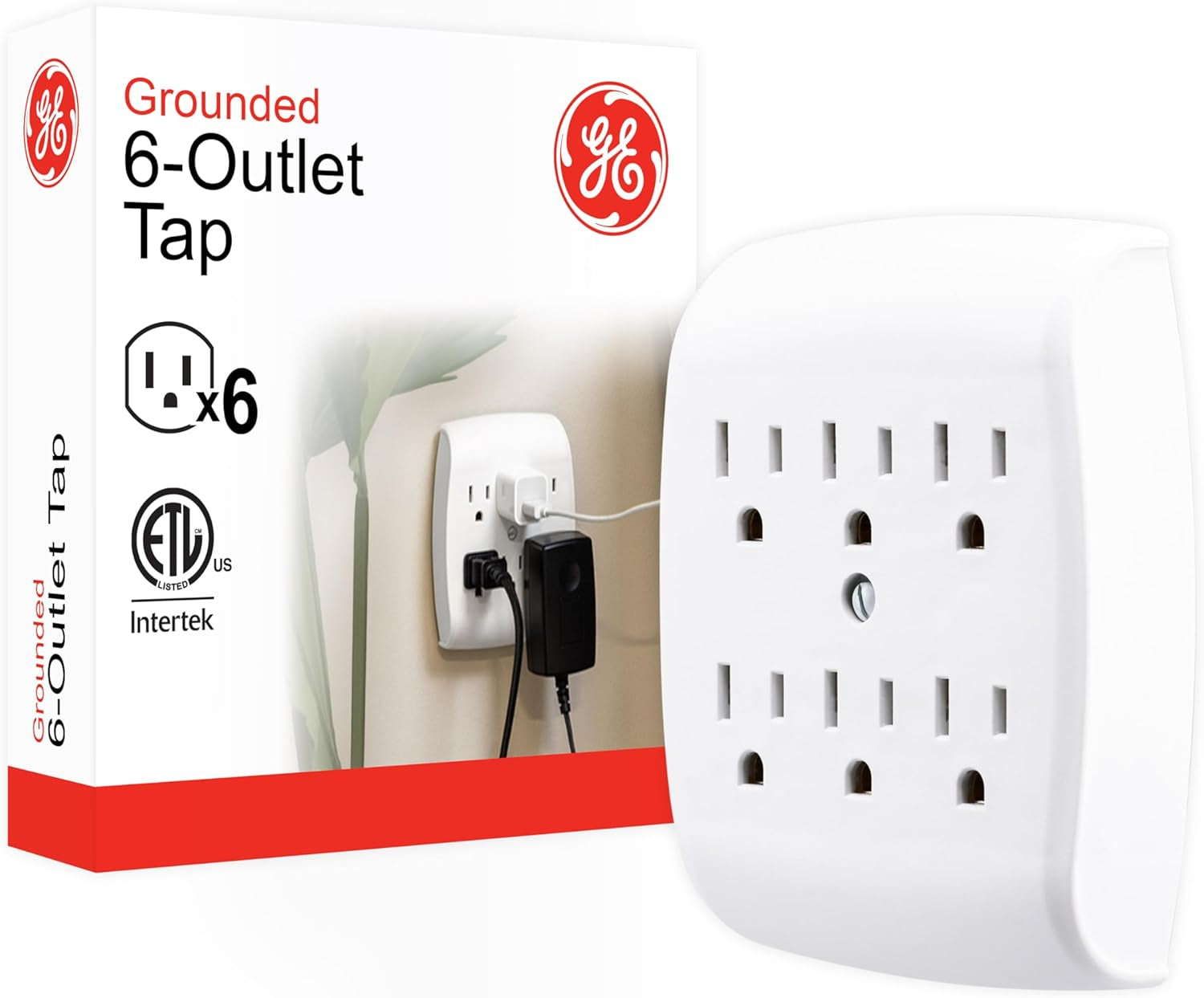 6-Outlet Extender Wall Tap, Grounded Adapter, Outlet Splitter, Charging Station, 3-Prong, Plug Adapter, Secure Install, Cruise Essentials, ETL Listed, White, 54947