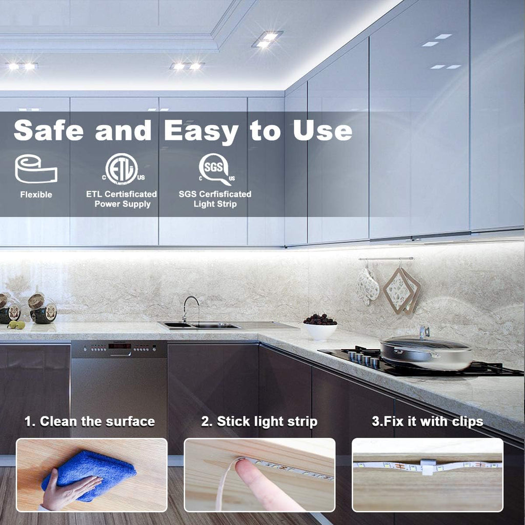 White LED Strip Lights, 16.4Ft Dimmable LED Light Strip with RF Remote, 300 Bright 6500K 2835 Leds, Strong Adhesive LED Tape Light with Timing Mode for Mirror Bedroom Kitchen Cabinet