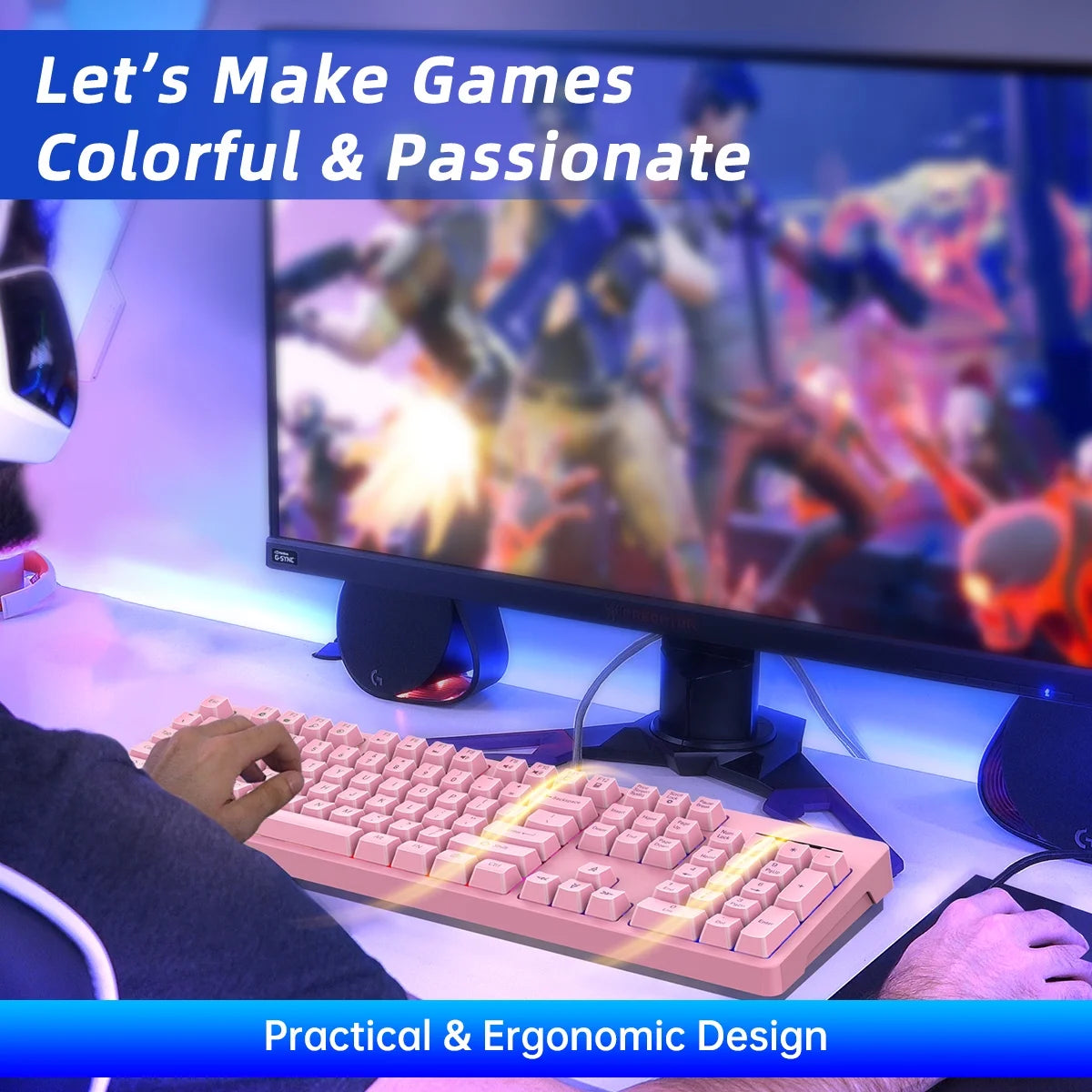 Gaming Keyboard and Mouse Combo, Rainbow LED Backlit Multimedia PC Gaming Keyboard, Office Keyboard Colorful Breathing Backlit Gaming Mouse for Working or Primer Gaming, Office Device,Pink