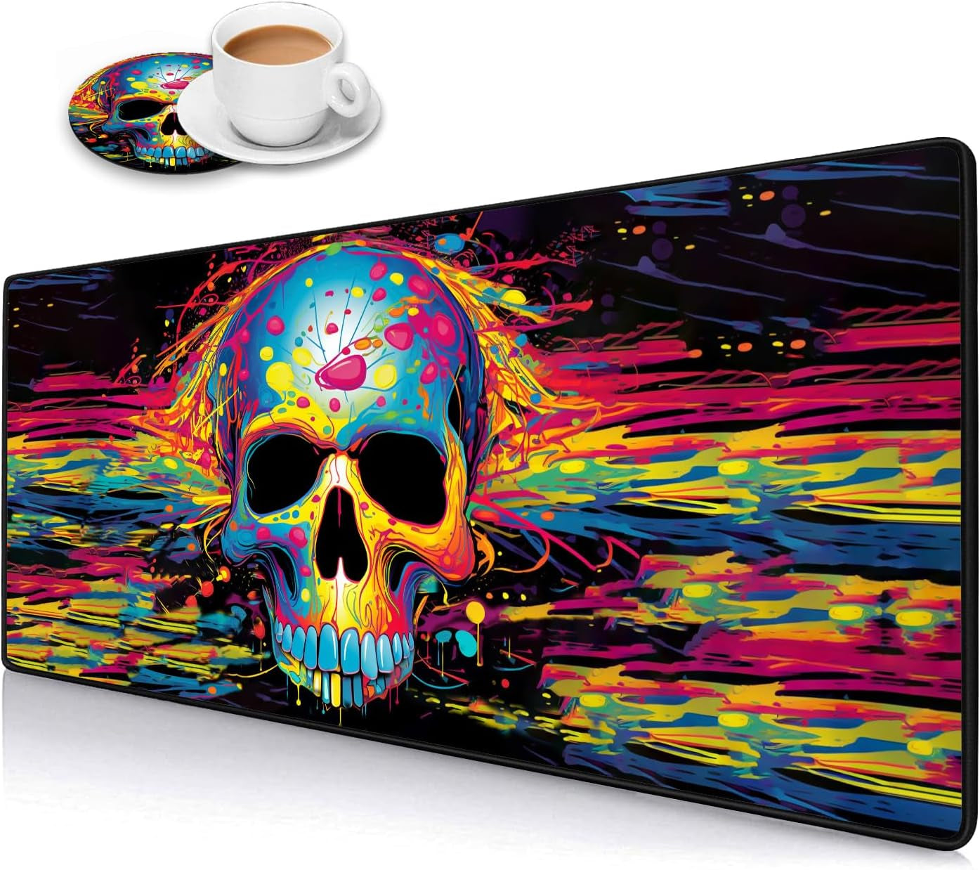 Desk Pad Mat Gaming Mouse Pads with Coasters Set, Stitched Edges Design Mouse Pad XXL Large Mouse Pad for Laptop Computers Color Skull Desk Writing Mat for Office & Home 31.5X 11.8