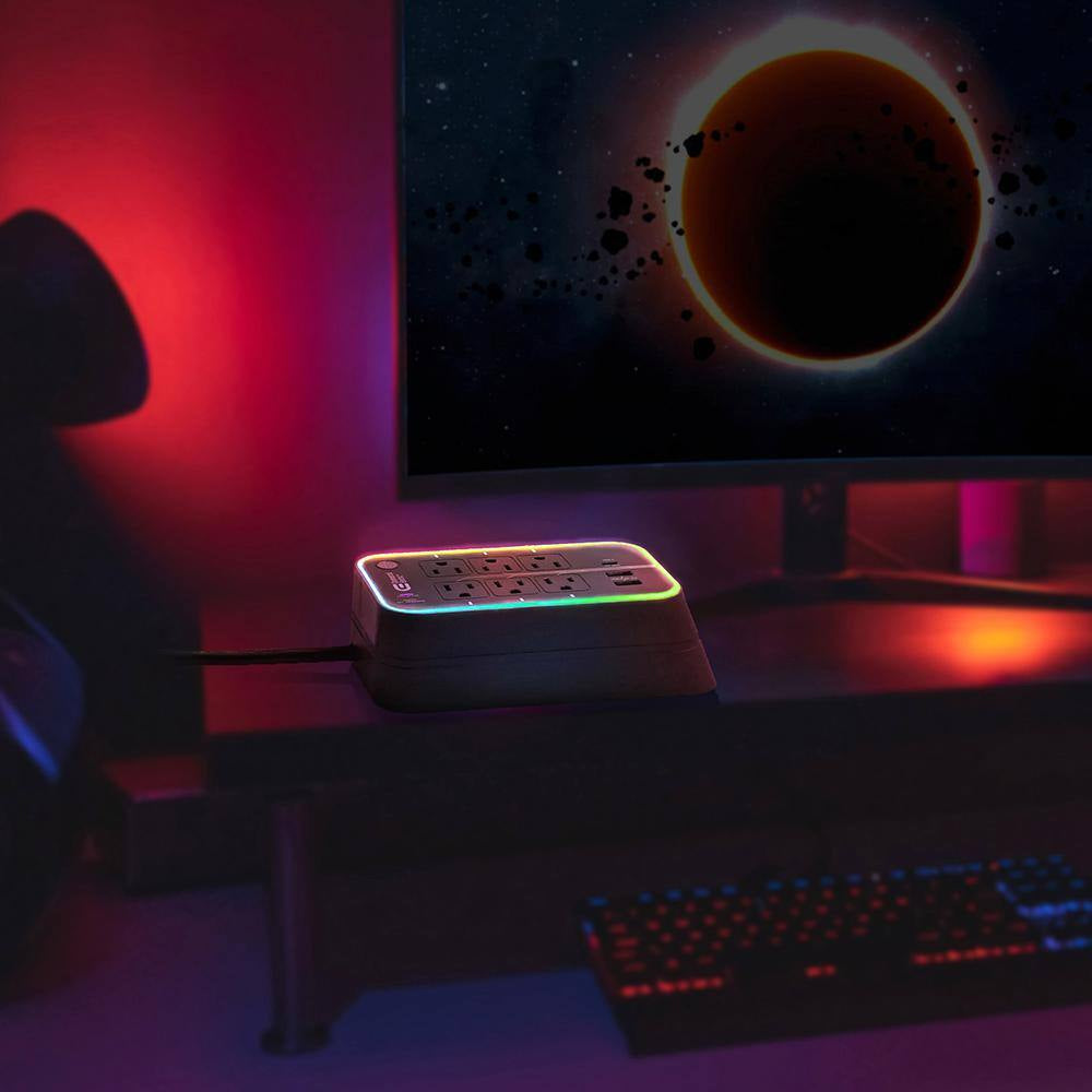 6 Ft. 6-Outlet RGB Gaming Surge Protector with 2 USB-A and 1 USB-C, Black