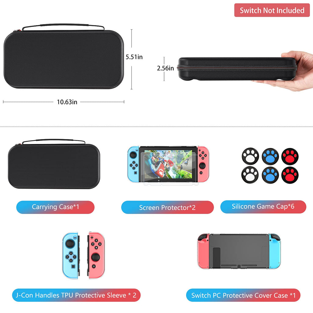 Switch Accessories Bundle - 10 in 1 Switch Accessories Starter Kit with NS Switch/Switch OLED Carrying Case, Switch Console Protective Cover Case, Screen Protector, Thumb Caps