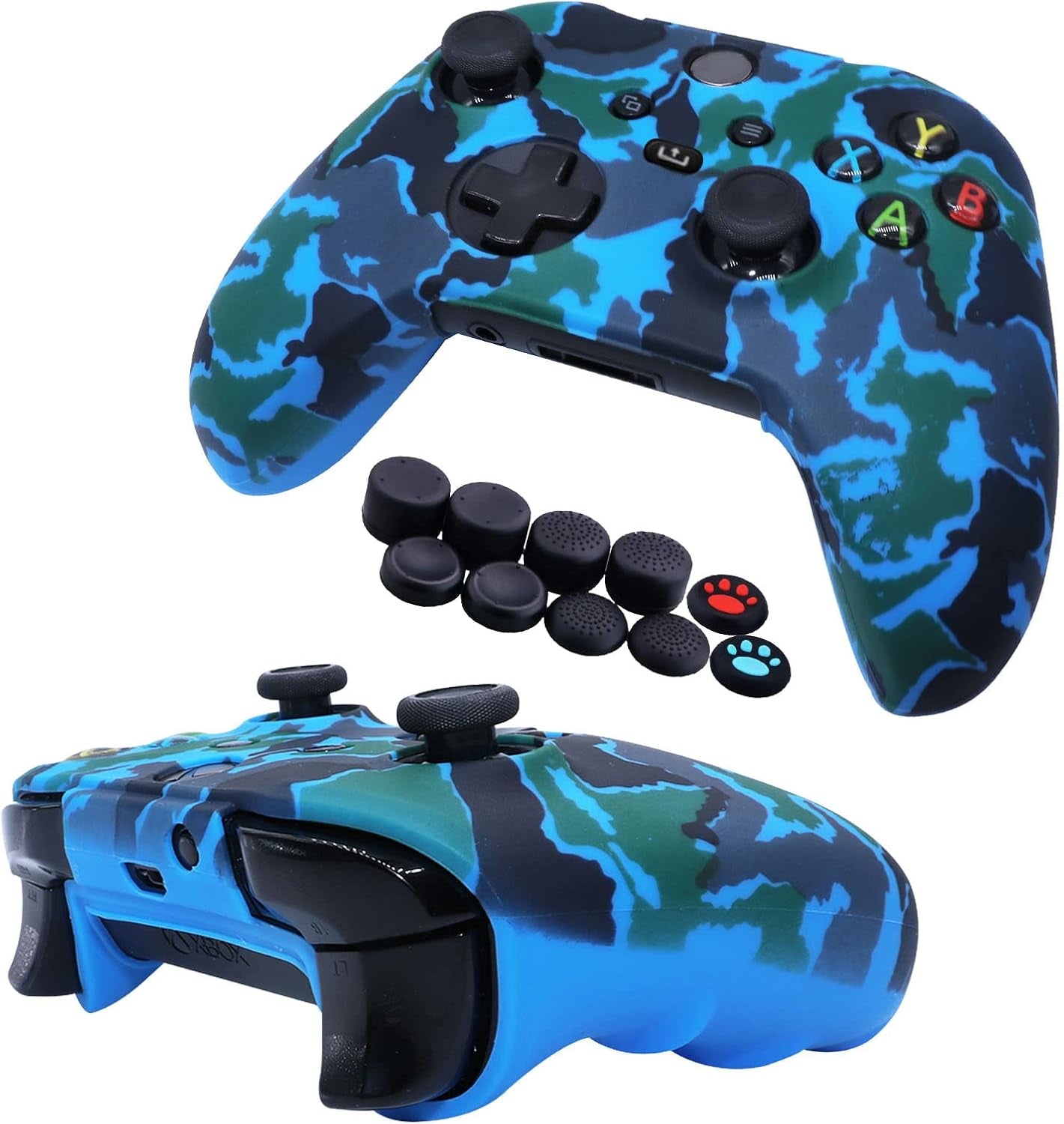 [2 Pack]  Compatible with Xbox Series X/S Controller Soft Silicone Cover Skin, Sweat-Proof Dust-Proof Anti-Slip Case Cover Protective Accessories Set, with 10 Thumb Grips (Red+Blue)