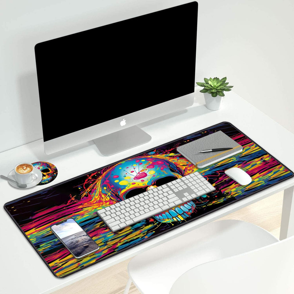 Desk Pad Mat Gaming Mouse Pads with Coasters Set, Stitched Edges Design Mouse Pad XXL Large Mouse Pad for Laptop Computers Color Skull Desk Writing Mat for Office & Home 31.5X 11.8