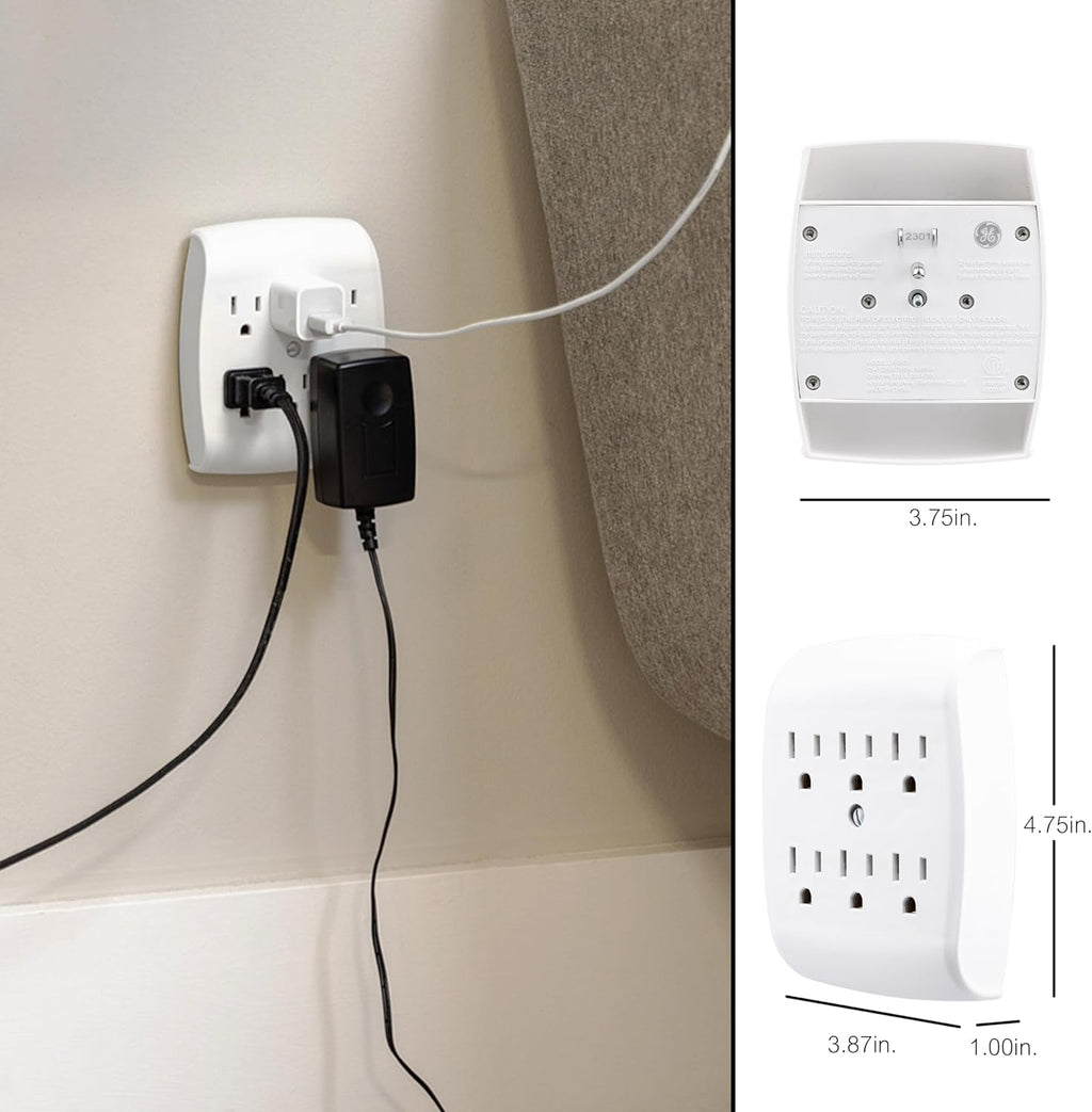 6-Outlet Extender Wall Tap, Grounded Adapter, Outlet Splitter, Charging Station, 3-Prong, Plug Adapter, Secure Install, Cruise Essentials, ETL Listed, White, 54947