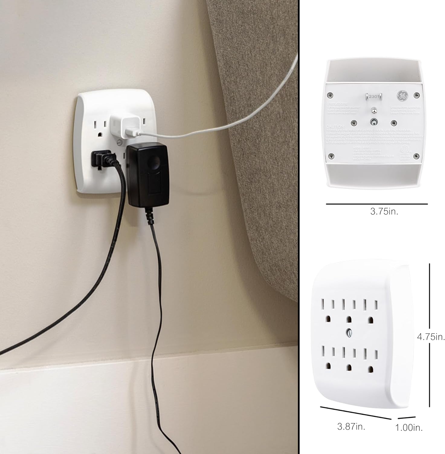 6-Outlet Extender Wall Tap, Grounded Adapter, Outlet Splitter, Charging Station, 3-Prong, Plug Adapter, Secure Install, Cruise Essentials, ETL Listed, White, 54947