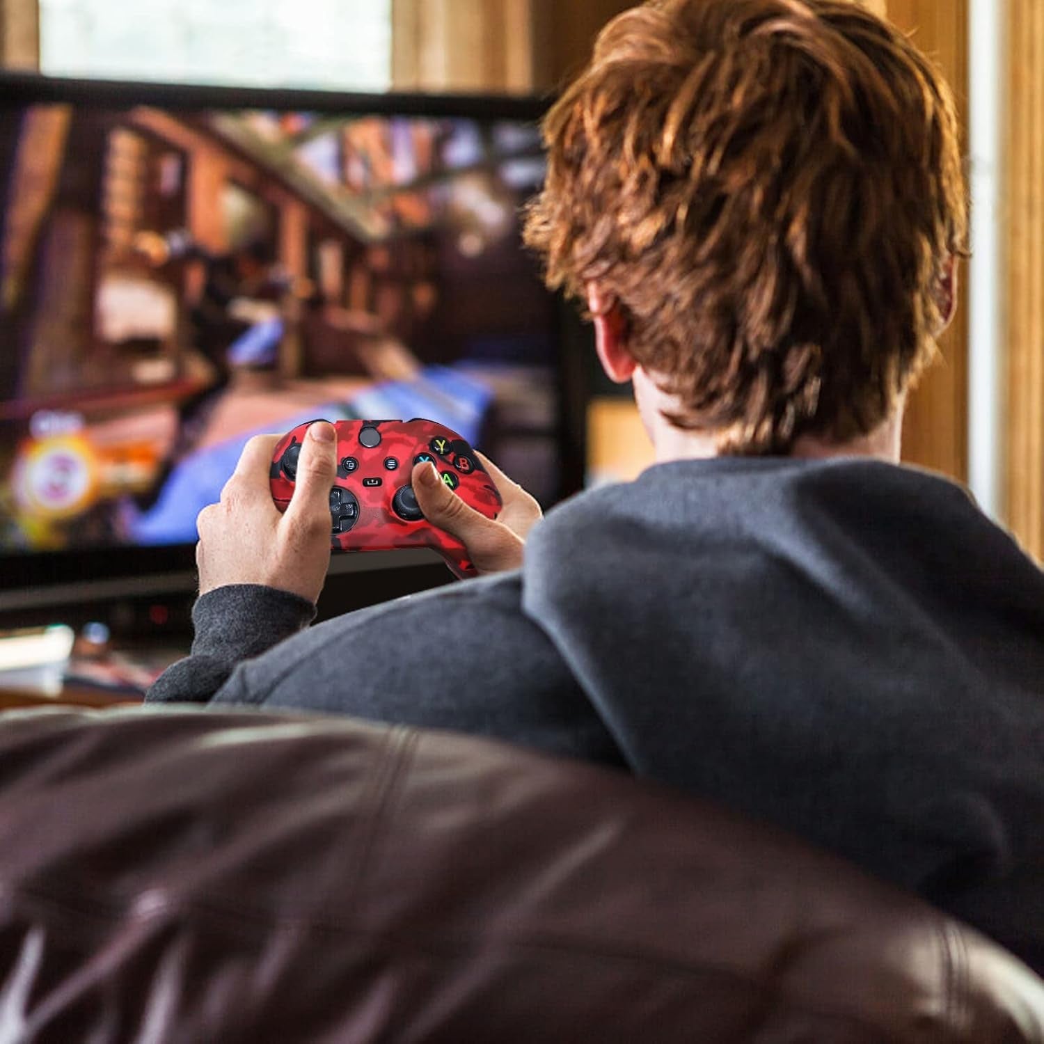 [2 Pack]  Compatible with Xbox Series X/S Controller Soft Silicone Cover Skin, Sweat-Proof Dust-Proof Anti-Slip Case Cover Protective Accessories Set, with 10 Thumb Grips (Red+Blue)