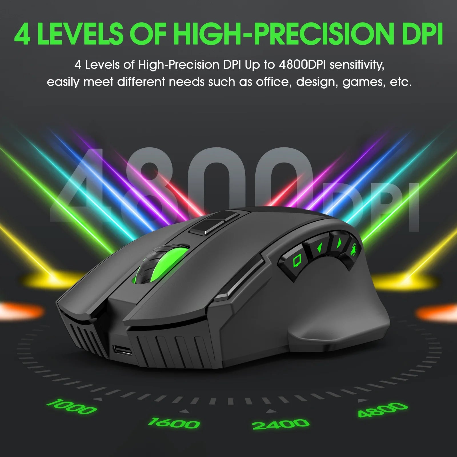 Wireless Gaming Mouse, 16000 DPI Adjustable, Bluetooth 5.2 & 2.4Ghz Dual Mode, Lightweight, 10 Buttons, RGB Lighting, for PC Gaming & Office,  (Black)