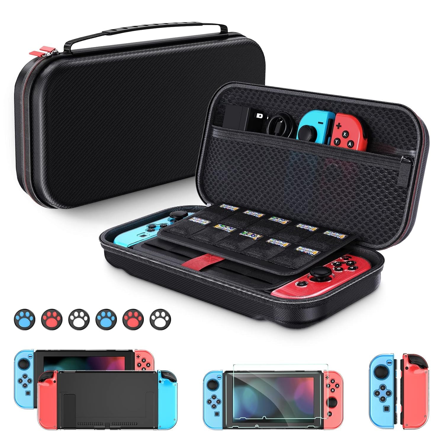 Switch Accessories Bundle - 10 in 1 Switch Accessories Starter Kit with NS Switch/Switch OLED Carrying Case, Switch Console Protective Cover Case, Screen Protector, Thumb Caps