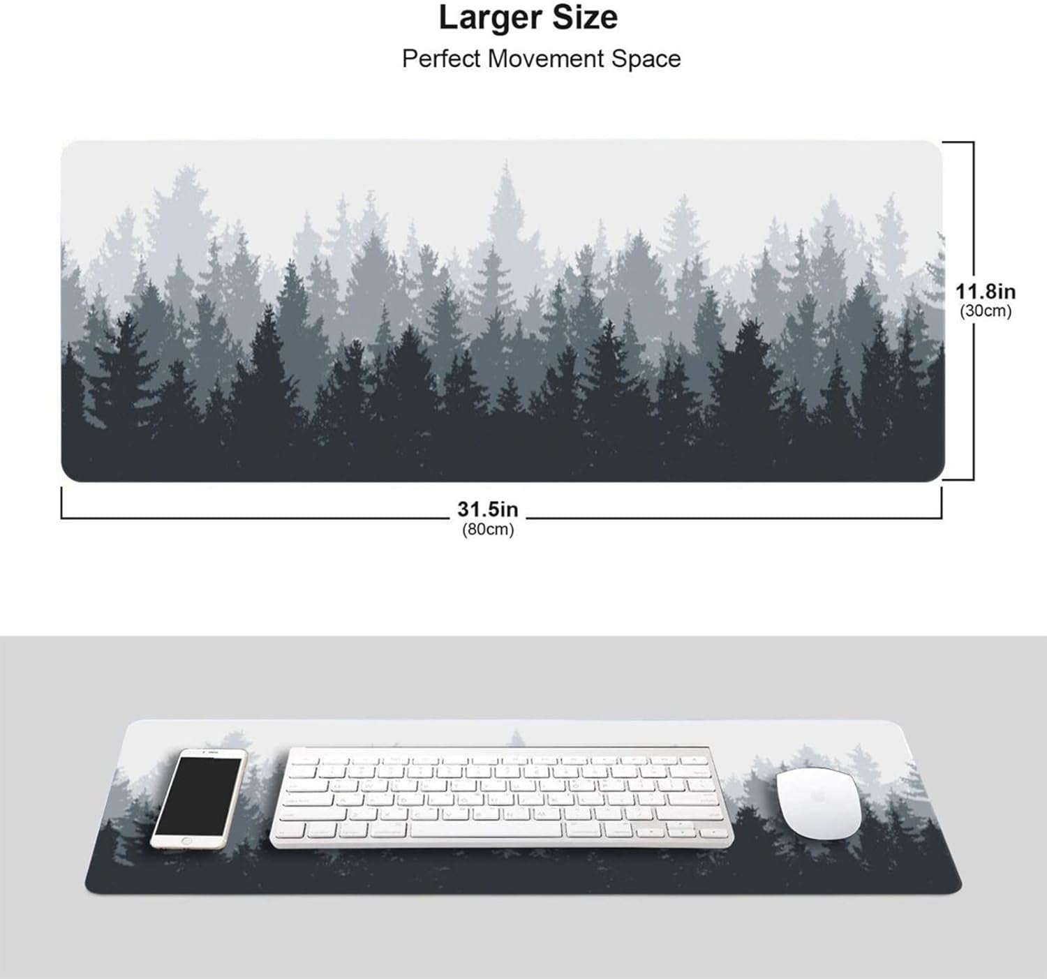 Fog Misty Forest Gaming Mouse Pad XL, Extended Large Full Desk Mousepad 31.5X11.8 Inch, Big with Stitched Edge, Non-Slip Long Computer Keyboard Waterproof Mat for Office & Home , X-Large
