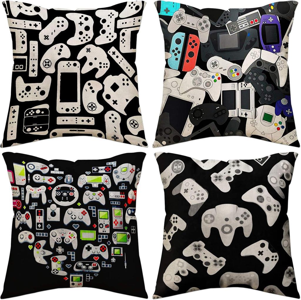 Gamer Square Throw Pillow Case Video Game Controller Cushion Cover for Game Boys Bedroom Playroom 18"X 18", 4 Pack