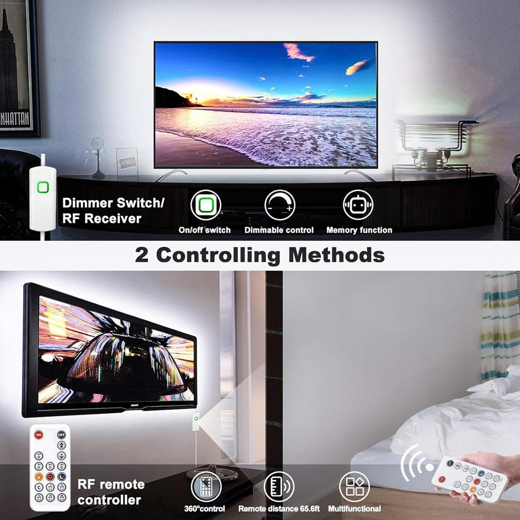 White LED Strip Lights, 16.4Ft Dimmable LED Light Strip with RF Remote, 300 Bright 6500K 2835 Leds, Strong Adhesive LED Tape Light with Timing Mode for Mirror Bedroom Kitchen Cabinet