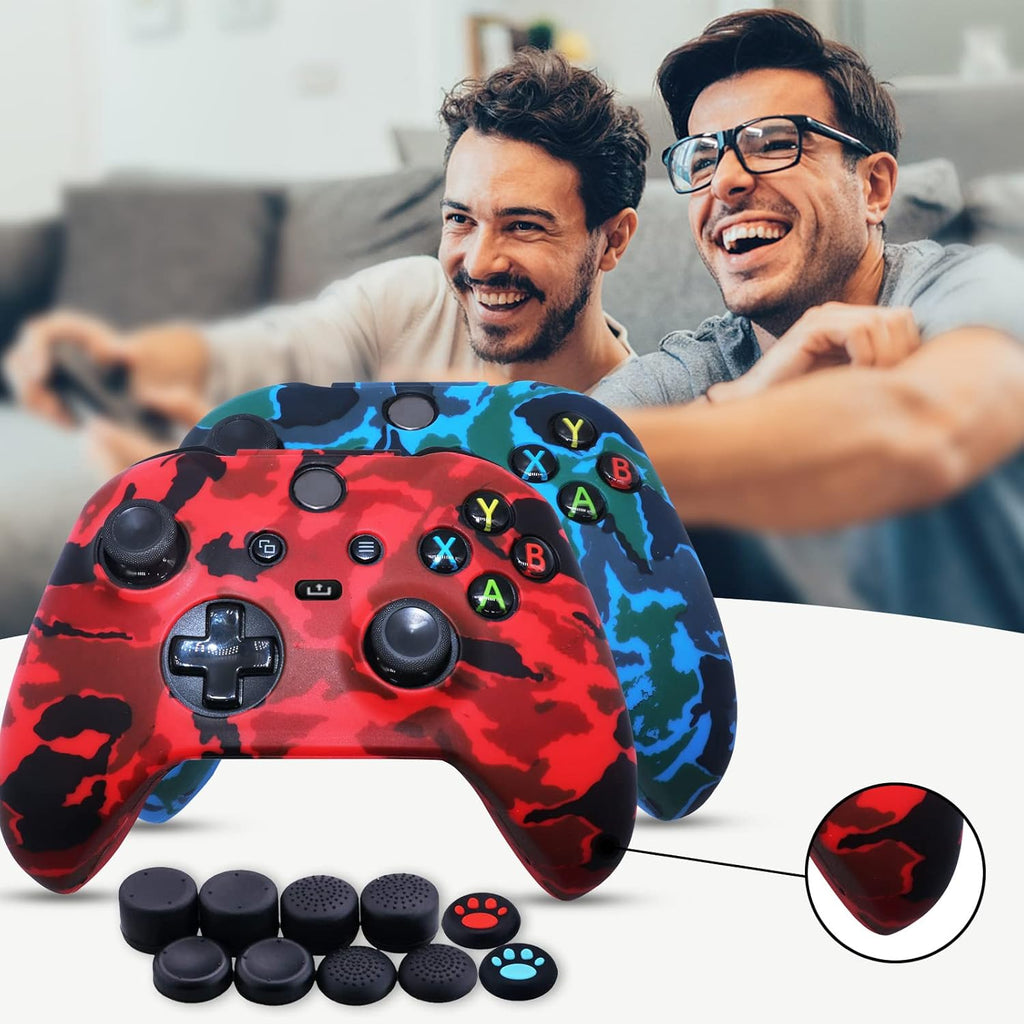 [2 Pack]  Compatible with Xbox Series X/S Controller Soft Silicone Cover Skin, Sweat-Proof Dust-Proof Anti-Slip Case Cover Protective Accessories Set, with 10 Thumb Grips (Red+Blue)