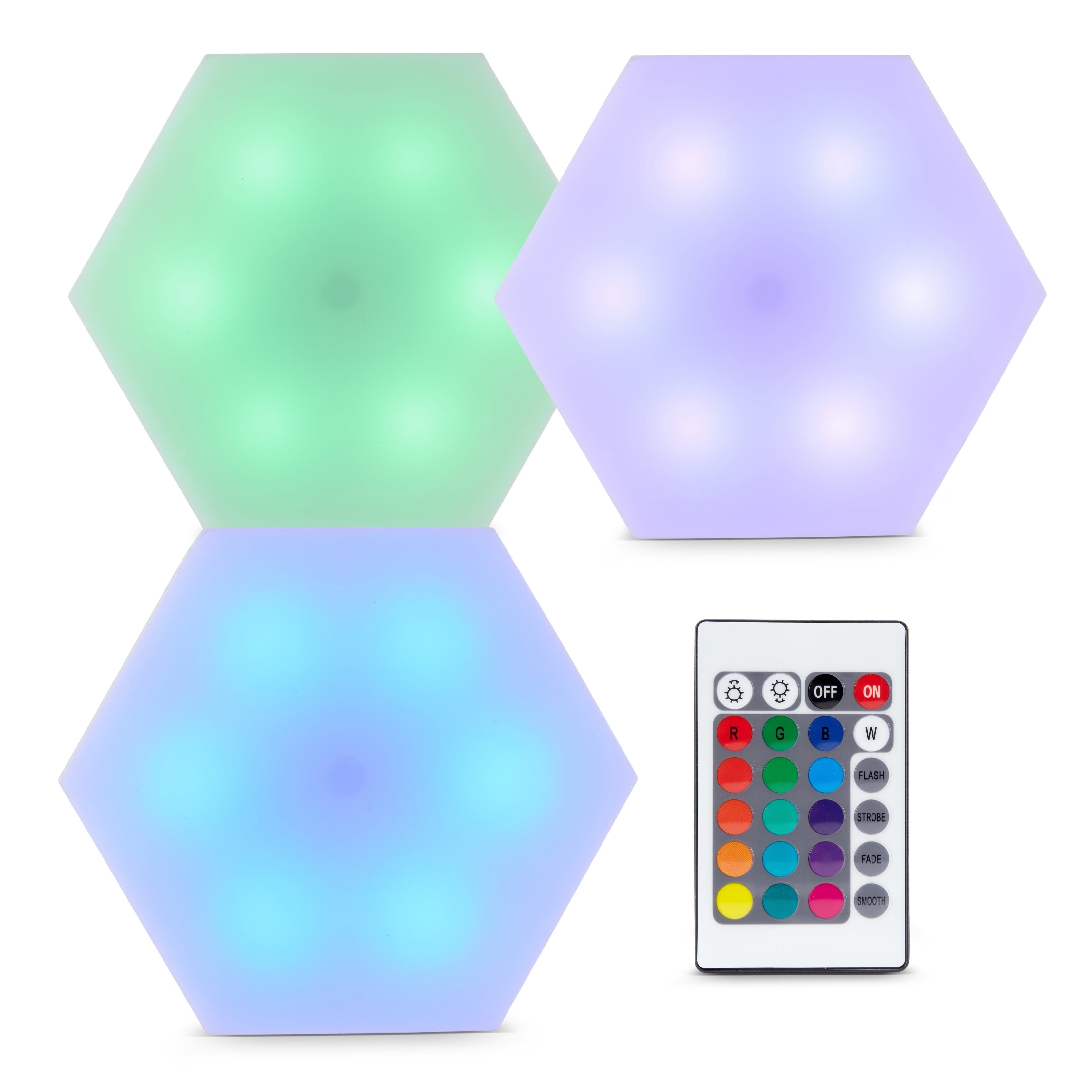 Hexaglow RGB Light Panels: 3-Pack Hexagon Modular LED Lights with Touch-Activation, Remote Control