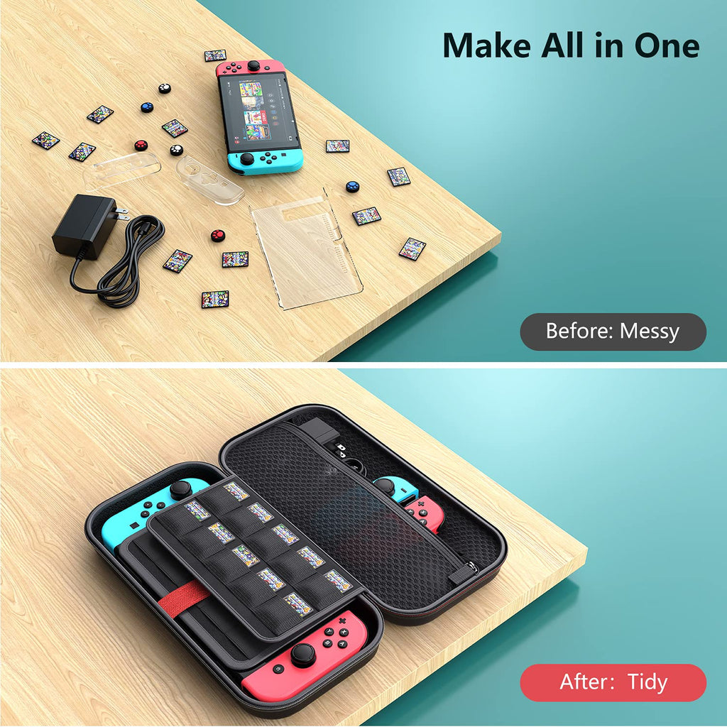Switch Accessories Bundle - 10 in 1 Switch Accessories Starter Kit with NS Switch/Switch OLED Carrying Case, Switch Console Protective Cover Case, Screen Protector, Thumb Caps