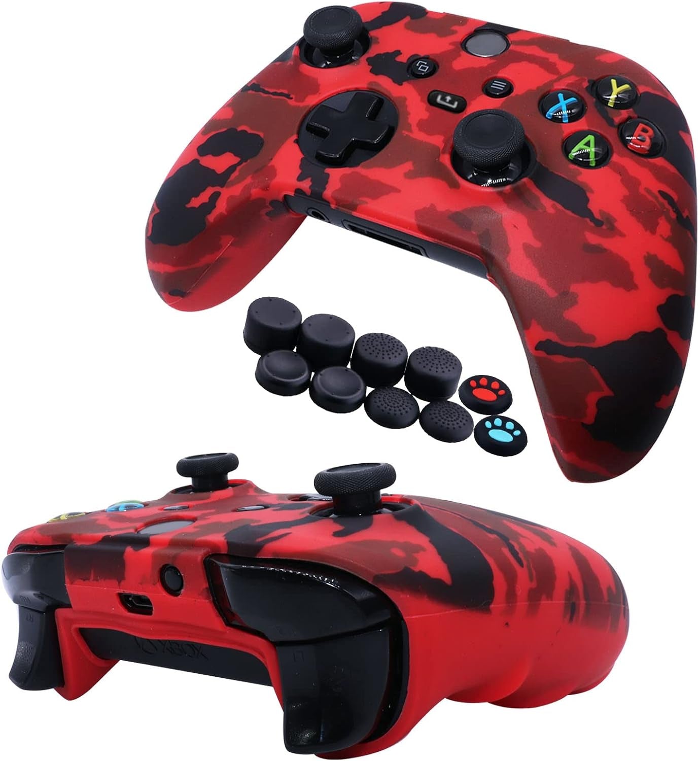[2 Pack]  Compatible with Xbox Series X/S Controller Soft Silicone Cover Skin, Sweat-Proof Dust-Proof Anti-Slip Case Cover Protective Accessories Set, with 10 Thumb Grips (Red+Blue)