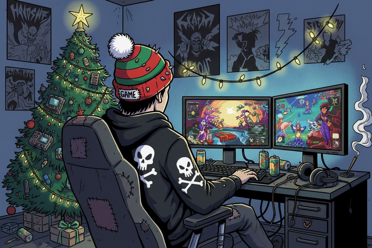 Crazy gamer back turned with black hoodie and christmas toque at christmas in cartoon punk format