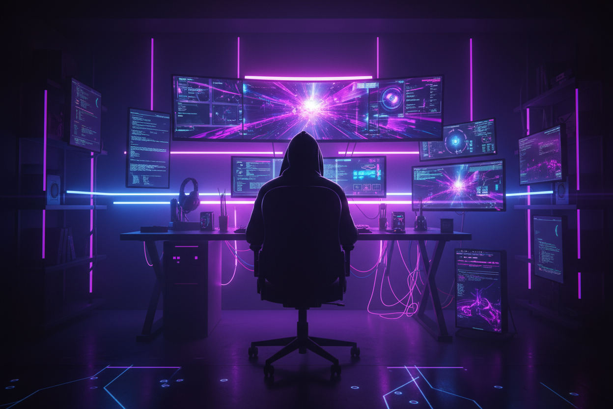 Cyber punk gamer back turned dark led lit room black hoodie on