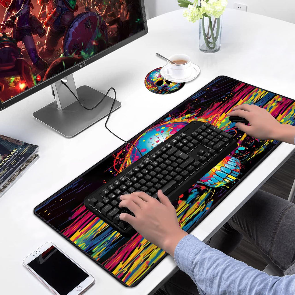Desk Pad Mat Gaming Mouse Pads with Coasters Set, Stitched Edges Design Mouse Pad XXL Large Mouse Pad for Laptop Computers Color Skull Desk Writing Mat for Office & Home 31.5X 11.8