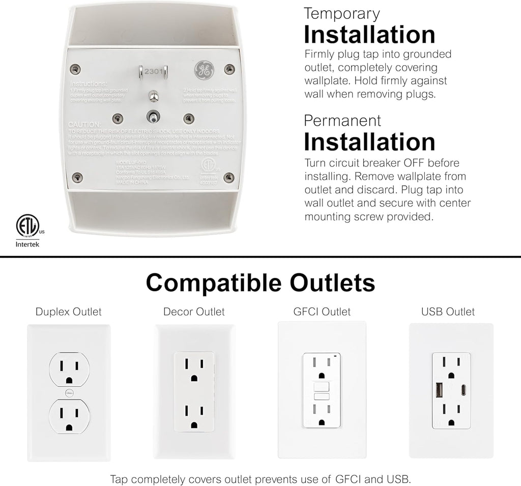 6-Outlet Extender Wall Tap, Grounded Adapter, Outlet Splitter, Charging Station, 3-Prong, Plug Adapter, Secure Install, Cruise Essentials, ETL Listed, White, 54947