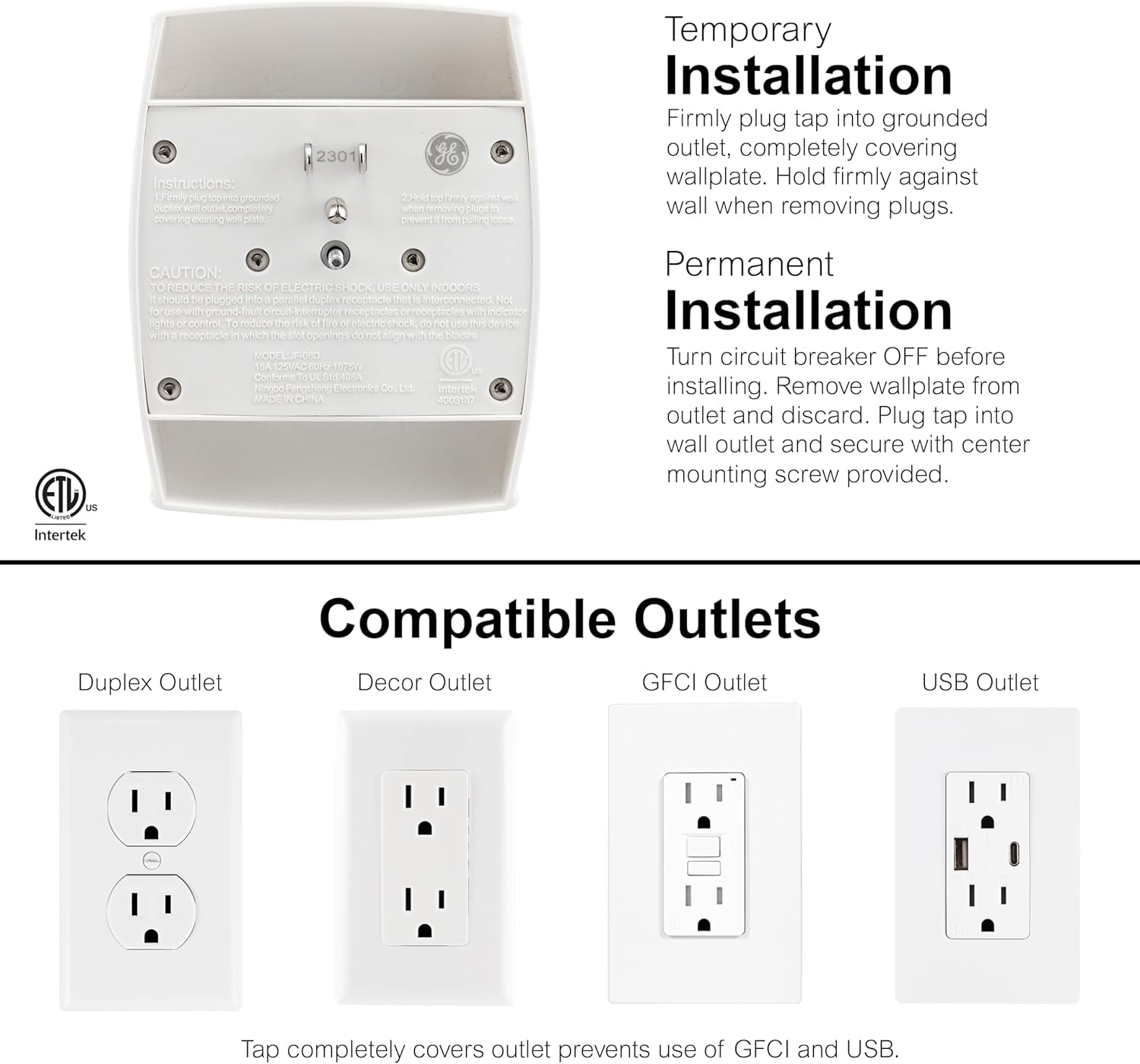 6-Outlet Extender Wall Tap, Grounded Adapter, Outlet Splitter, Charging Station, 3-Prong, Plug Adapter, Secure Install, Cruise Essentials, ETL Listed, White, 54947