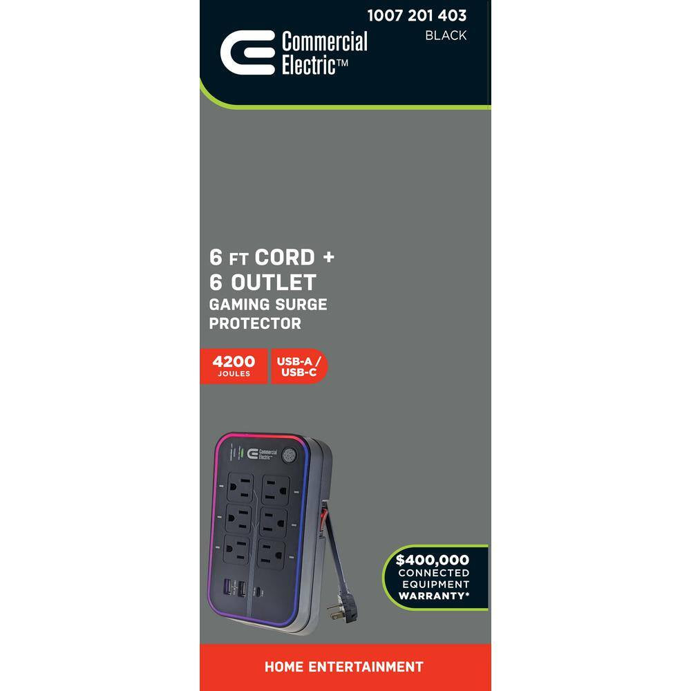 6 Ft. 6-Outlet RGB Gaming Surge Protector with 2 USB-A and 1 USB-C, Black