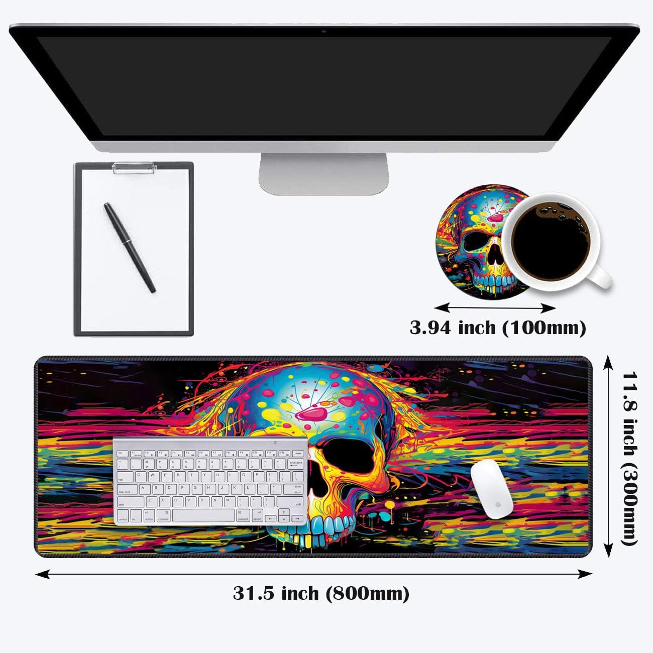 Desk Pad Mat Gaming Mouse Pads with Coasters Set, Stitched Edges Design Mouse Pad XXL Large Mouse Pad for Laptop Computers Color Skull Desk Writing Mat for Office & Home 31.5X 11.8