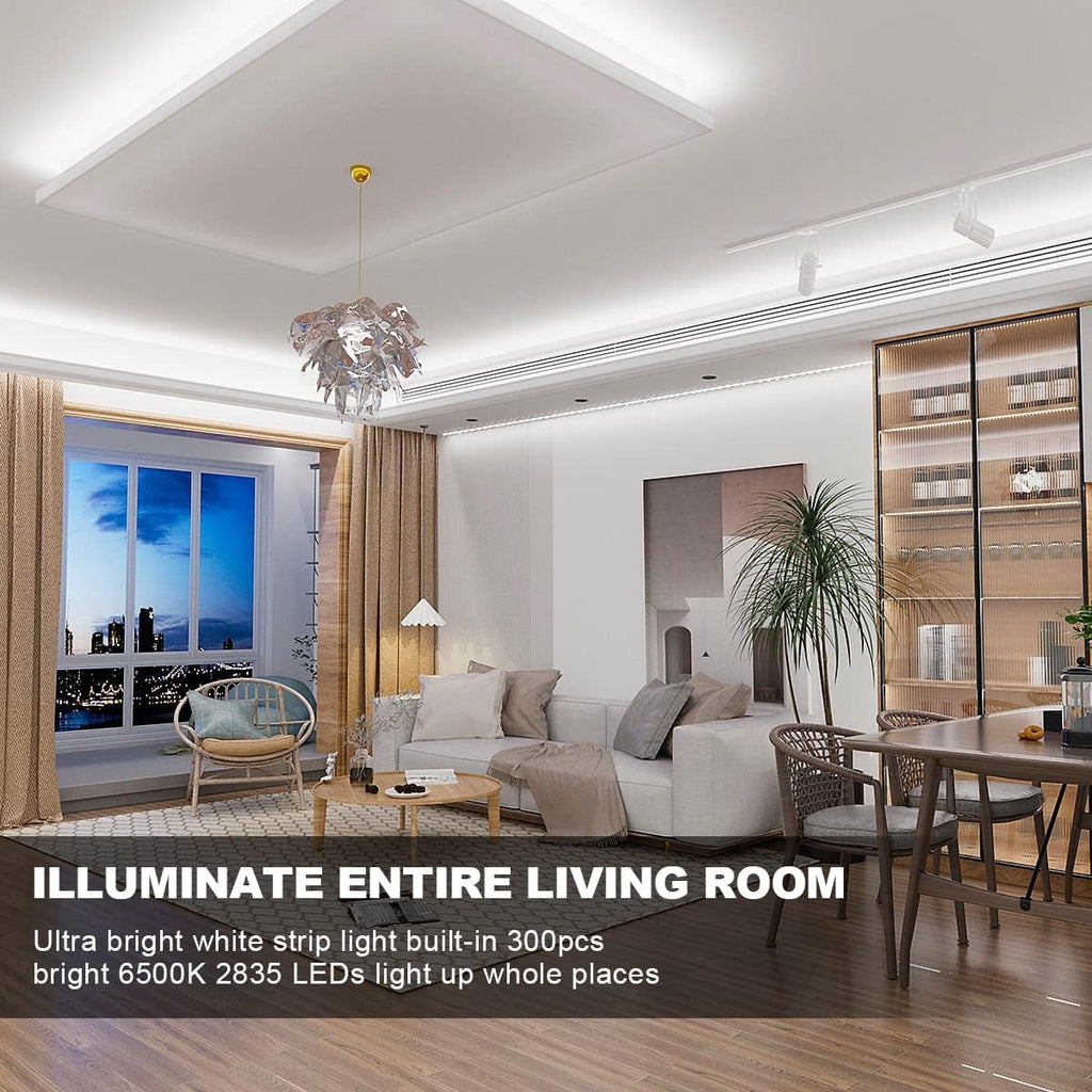 White LED Strip Lights, 16.4Ft Dimmable LED Light Strip with RF Remote, 300 Bright 6500K 2835 Leds, Strong Adhesive LED Tape Light with Timing Mode for Mirror Bedroom Kitchen Cabinet