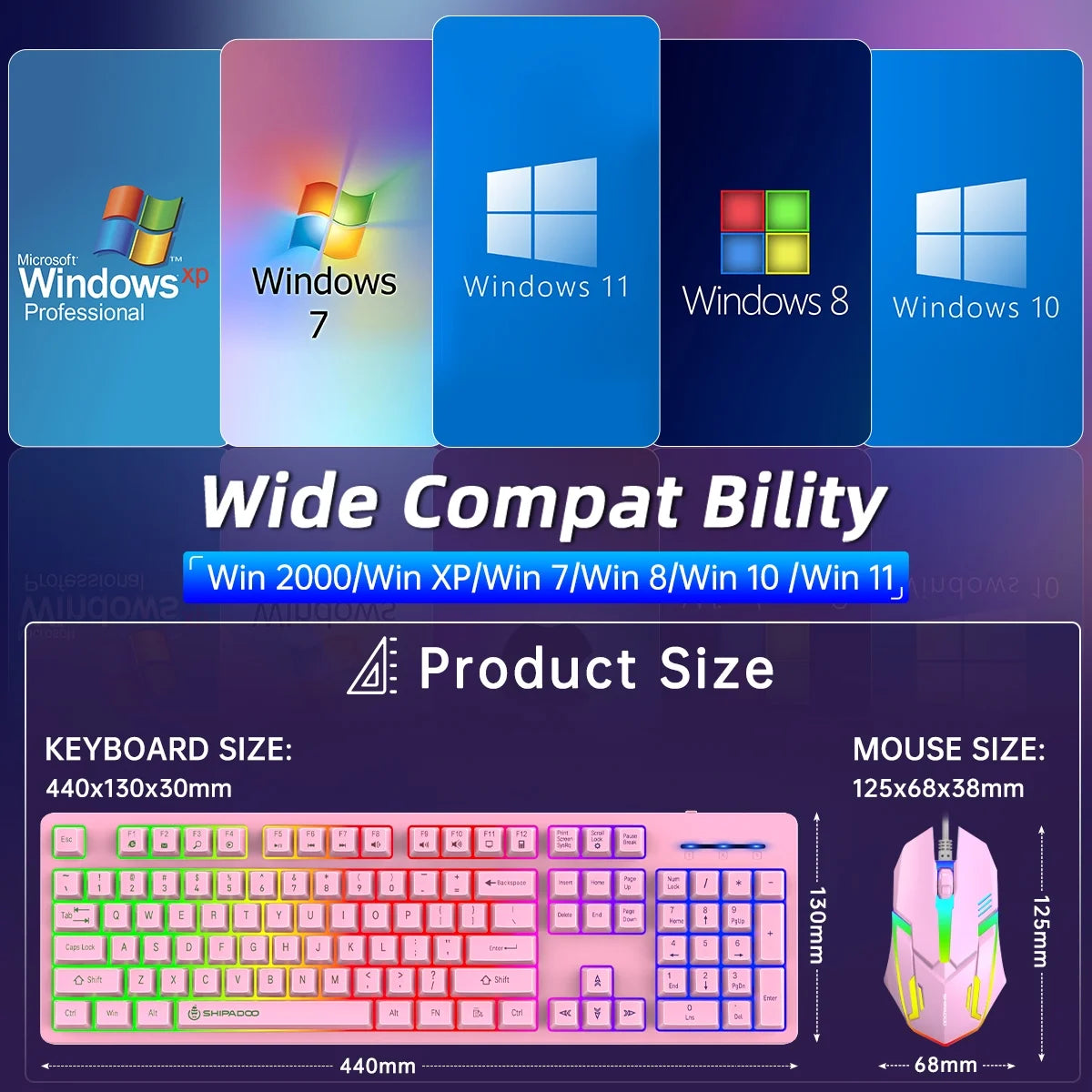 Gaming Keyboard and Mouse Combo, Rainbow LED Backlit Multimedia PC Gaming Keyboard, Office Keyboard Colorful Breathing Backlit Gaming Mouse for Working or Primer Gaming, Office Device,Pink