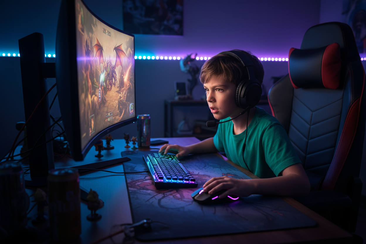 Kid sitting behind gaming screen fully immersed